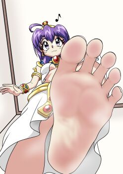 Rule 34 | 1girl, absurdres, barefoot, blush, feet, from below, highres, jashin-chan dropkick, looking at viewer, medium hair, medusa (jashin-chan dropkick), pov, purple eyes, purple hair, smile, soles, stag0324, steam, toes