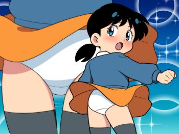 1girl ass black_hair black_thighhighs blue_background blue_eyes blue_shirt blush bubble_background crotch_seam from_behind loli long_sleeves looking_back low_twintails lower_body multiple_views open_mouth orange_skirt original panties shirt short_hair skirt sparkle sparkle_background standing thighhighs twintails underwear white_panties wind wind_lift yume_yoroi