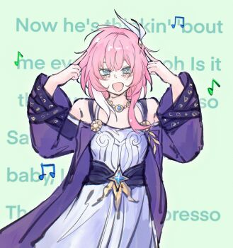 1girl bare_shoulders blonde_hair breasts coat commentary_request cyrene_(aedes_elysiae)_(honkai:_star_rail) cyrene_(honkai:_star_rail) dress english_text hair_ornament highres honkai:_star_rail honkai_(series) looking_at_viewer multicolored_hair musical_note musigayosugiru open_mouth pink_hair purple_coat short_hair small_breasts solo two-tone_hair white_dress white_hair