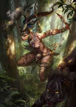 1girl amazon_warrior bikini black_panther breasts brown_bikini brown_hair bush closed_mouth dagger earrings elf forest full_body grass highres holding holding_dagger holding_knife holding_weapon jewelry ji_zhang knife lips long_hair looking_at_viewer medium_breasts monkey nature orange_eyes original outdoors panther pelvic_curtain pointy_ears reverse_grip skull solo strapless strapless_bikini swimsuit tattoo tree weapon