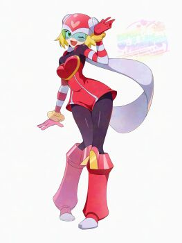 Rule 34 | 1girl, black bodysuit, blonde hair, bodysuit, boots, commentary request, dress, full body, harp note (mega man), heart, helmet, highres, mega man (series), mega man star force (series), microdress, on kazu, one eye closed, red boots, red dress, red helmet, short hair, simple background, solo, sonia strumm (mega man), v, white background