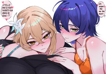 3girls absurdres arnkun belle_(zenless_zone_zero) black_shirt blonde_hair blue_hair blush breasts brown_eyes cleavage company_connection crossover genshin_impact green_eyes highres honkai:_star_rail honkai_(series) large_breasts lumine_(genshin_impact) multiple_girls pov pov_breasts shirt short_hair simple_background speech_bubble stelle_(honkai:_star_rail) trailblazer_(honkai:_star_rail) trait_connection white_background yuri zenless_zone_zero