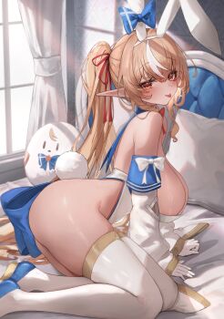 1girl :p absurdres adapted_costume animal_ear_hairband animal_ears blonde_hair blue_shoes bow bowtie breasts commentary dark-skinned_female dark_skin detached_collar detached_sleeves elf elfriend_(shiranui_flare) english_commentary fake_animal_ears gloves hairband highleg highleg_leotard highres hololive indoors large_breasts leotard long_hair looking_at_viewer maison_de_cante multicolored_hair on_bed playboy_bunny pointy_ears rabbit_ear_hairband rabbit_ears red_bow red_bowtie shiranui_flare shiranui_flare_(1st_costume) shoes sideboob strapless strapless_leotard streaked_hair thighhighs tongue tongue_out virtual_youtuber white_gloves white_leotard white_sleeves white_thighhighs wide_sleeves
