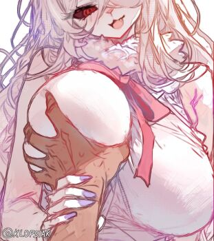 1boy 1girl black_sclera breasts carrot_(one_piece) colored_sclera commentary dress english_commentary fingernails furry furry_female grabbing_another&#039;s_breast groping guided_breast_grab guiding_hand hetero klopsiak large_breasts long_hair nail_polish one_piece open_mouth purple_nails red_eyes sleeveless sleeveless_dress sulong_form twitter_username upper_body white_dress white_hair
