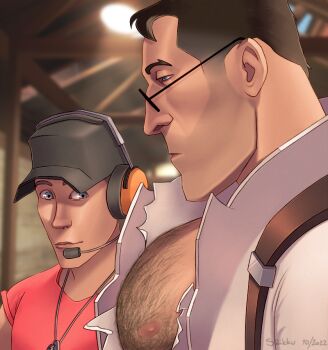 Rule 34 | 2boys, aquiline nose, bara, baseball cap, black hair, blue eyes, brown hair, bursting pectorals, chest hair, dated, dog tags, facial hair, from side, girl staring at guy's chest (meme), glasses, hat, headset, lab coat, large pectorals, looking at pectorals, male focus, mature male, medic (tf2), meme, multiple boys, muscle envy, muscular, muscular male, nipples, nose, pectoral cleavage, pectoral focus, pectorals, saija honkanen, scout (tf2), shirt, short hair, signature, stubble, surprised, suspenders, team fortress 2, torn clothes, torn shirt