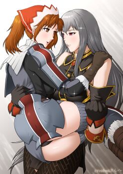 2girls alicia_melchiott ass blush boots breasts brown_eyes brown_hair cameltoe carrying detached_sleeves dress from_behind from_below gloves grey_hair headdress highres large_breasts long_hair looking_at_another medium_breasts military_uniform multiple_girls open_mouth panties pantyhose pantyshot parted_lips princess_carry rakusai_(saisai_garou) red_eyes selvaria_bles senjou_no_valkyria_(series) short_dress smile thick_thighs thigh_boots thighhighs thighs twintails underwear very_long_hair