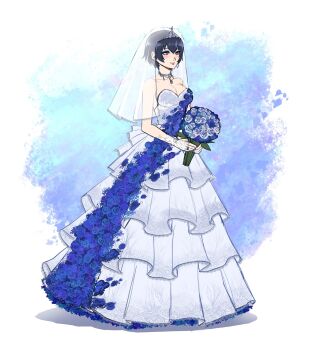 1girl absurdres alternate_costume alternate_hairstyle blue_eyes blue_hair bouquet breasts cleavage dress earrings flower full_body highres jewelry makeup moonllita nail_polish necklace persona persona_4 ring rose see-through_clothes shirogane_naoto short_hair solo veil wedding_dress wedding_ring