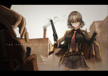 2girls belt black_shirt brown_belt brown_jacket collared_shirt commentary_request corset cowboy_shot cowboy_western english_text faceoff glasses grey_hair grey_skirt gun handgun highres holding holding_gun holding_weapon holster holstered honda_henri jacket jacket_on_shoulders long_sleeves multiple_girls necktie outdoors red_necktie revolver shirt short_hair skirt smile smith_&amp;_wesson_schofield tapioca_western tokihama_jirou weapon