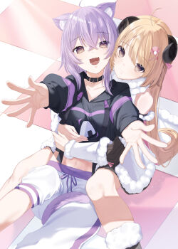 2girls absurdres ahoge animal_ears black_collar black_hoodie blonde_hair breasts cat_ears cat_girl closed_mouth collar commentary_request dress food_print fur-trimmed_dress fur_trim highres hololive hood hoodie hug kanae_(inorin05kanae) long_hair looking_at_viewer medium_breasts medium_hair multiple_girls nekomata_okayu nekomata_okayu_(1st_costume) onigiri_print open_mouth pants purple_eyes purple_hair sheep_ears sheep_girl smile tsunomaki_watame tsunomaki_watame_(1st_costume) very_long_hair virtual_youtuber white_dress white_pants yuri