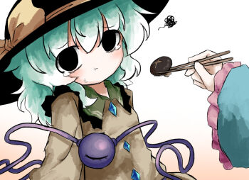 2girls :t black_eyes black_hat bow buttons chopsticks collared_shirt diamond_button eyeball fedora food frilled_shirt_collar frilled_sleeves frills gradient_background green_hair hat hat_bow heripantomorrow holding holding_chopsticks holding_food holding_mushroom komeiji_koishi komeiji_satori looking_at_viewer medium_hair multiple_girls mushroom shirt simple_background spoken_squiggle squiggle tears third_eye touhou upper_body white_background yellow_bow yellow_shirt