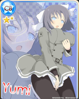 1girl :o arm_under_breasts belt belt_buckle black_pantyhose blue_eyes blush bow breasts buckle buttons card_(medium) character_background character_name copyright_name covering_privates double-breasted english_text frilled_skirt frills gessen_academy_school_uniform grey_belt grey_hair grey_jacket grey_skirt hair_bow jacket large_breasts long_sleeves looking_at_viewer marvelous official_art open_mouth pantyhose school_uniform senran_kagura senran_kagura_estival_versus senran_kagura_new_wave senran_kagura_shinovi_versus short_hair skirt solo striped_bow white_bow white_trim yumi_(senran_kagura)