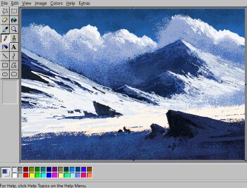 art_program_in_frame christian_young cloud cloudy_sky commentary english_commentary film_grain landscape microsoft_paint_(medium) microsoft_paint_(software) microsoft_windows mountain mountaintop no_humans original outdoors painterly scenery screencap sky snow windows_98 windows_classic