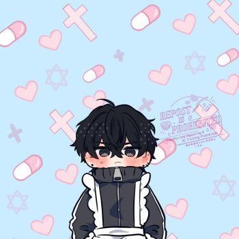 1boy :&lt; apron black_eyes black_hair black_shirt black_sweater blush coat collared_shirt commentary_request cowboy_shot cross crossed_bangs double-parted_bangs earrings hair_between_eyes jewelry kim_dokja kimidori_22 looking_at_viewer maid_apron male_focus multiple_earrings omniscient_reader&#039;s_viewpoint open_clothes open_coat pill popped_collar shirt short_hair solo striped_clothes striped_sweater sweatdrop sweater white_coat