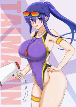 Rule 34 | 1girl, akiyama rinko, blue hair, breasts, commentary request, competition swimsuit, covered navel, cowboy shot, curvy, english text, eyewear on head, hand on own hip, highleg, highleg one-piece swimsuit, highres, large breasts, lifeguard, long hair, looking at viewer, megaphone, one-piece swimsuit, purple eyes, purple one-piece swimsuit, rekka (alo4610), shiny skin, sidelocks, solo, sports sunglasses, standing, sunglasses, swimsuit, taimanin (series), taimanin rpgx, taimanin yukikaze, whistle, whistle around neck
