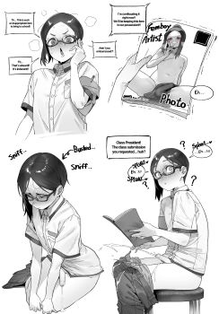 1boy absurdres adjusting_eyewear armband blush bulge chestnut_mouth clothes_pull commentary_request cum ejaculation english_text erection flaccid foreskin from_side greyscale highres in_(ain) korean_commentary looking_at_viewer male_focus monochrome multiple_views navel nose_blush original pants pants_pull parted_bangs penis reading red_eyes school_uniform semi-rimless_eyewear short_hair short_sleeves simple_background sitting speech_bubble spot_color stool tearing_up trembling uncensored under-rim_eyewear v-shaped_eyebrows white_background