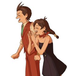 Rule 34 | 1boy, 1girl, ace attorney, antenna hair, apollo justice, aqua necktie, bare shoulders, black dress, blush, bracelet, brother and sister, brown hair, closed eyes, collared shirt, diamond earrings, dress, earrings, forked eyebrows, from side, hands up, highres, jewelry, long hair, low-tied long hair, necktie, open mouth, pants, profile, red pants, red scarf, red vest, renshu usodayo, scarf, screaming, shirt, short hair, siblings, simple background, sleeveless, sleeveless dress, sleeves rolled up, smile, standing, strapless, strapless dress, trucy wright, vest, white background, white shirt