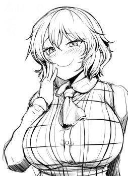 Rule 34 | 1girl, ascot, blush, breasts, buttons, closed mouth, commentary request, greyscale, hand on own cheek, hand on own face, kazami yuuka, large breasts, long hair, long sleeves, looking at viewer, monochrome, plaid clothes, plaid vest, raised inner eyebrows, sadahiro (chicken nugget gyuuniku aji), short hair, simple background, sketch, smile, solo, touhou, upper body, vest