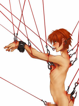 1boy armpit_hair artist_request blood censored character_request copyright_request guro hook male_focus mosaic_censoring pain penis piercing pubic_hair red_hair simple_background solo source_request torture white_background