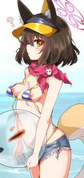 1girl ? animal_ears ball beachball bikini bikini_bottom_under_shorts bikini_under_clothes blue_archive blush breasts brown_hair curious day eyeshadow fox_ears fox_girl fox_tail from_side halo highleg highleg_bikini highres holding holding_ball holding_beachball izuna_(blue_archive) izuna_(swimsuit)_(blue_archive) looking_at_viewer machismo_fuji makeup medium_hair navel nipples open_clothes outdoors pink_scarf red_eyeshadow scarf see-through_clothes short_shorts shorts small_breasts solo striped_bikini striped_clothes swimsuit tail thighs torn_clothes torn_shorts untied_bikini visor_cap wardrobe_malfunction yellow_eyes