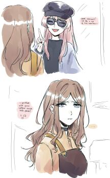 Rule 34 | 2girls, apron, bang dream!, bang dream! it's mygo!!!!!, barista, black choker, black hat, black shirt, blue eyes, brown apron, brown hair, chihaya anon, choker, closed eyes, commentary, english commentary, english text, fang, hat, highres, index finger raised, indoors, long hair, multiple girls, nagasaki soyo, niigouki, open mouth, pink hair, shirt, sidelocks, sunglasses, upper body