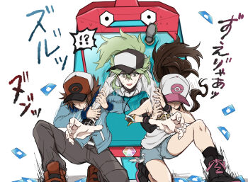 !? 1girl 2boys apple_inc. apple_logo baseball_cap blue_jacket blue_shorts brown_hair commentary_request green_hair hat hilbert_(pokemon) hilda_(pokemon) jacket motion_lines multiple_boys n_(pokemon) nintendo on_one_knee pokemon pokemon_black_and_white pokemon_masters_ex poryphone pulling sei_(shinkai_parallel) shorts star_(symbol) sweat