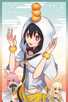 3girls armor breasts commentary_request dress fate/grand_order fate_(series) food fork fruit head_wings hildr_(fate) hood hoodie long_hair mandarin_orange medium_breasts medium_hair meiji_ken multiple_girls ortlinde_(fate) pink_hair red_eyes short_hair siblings sisters spoon thrud_(fate) valkyrie_(fate) white_dress wings