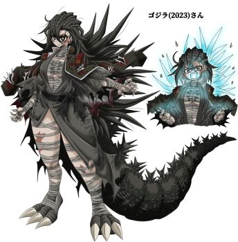 Rule 34 | 1girl, 2023, angry, animal feet, bandaged ankle, bandaged arm, bandaged breasts, bandaged chest, bandaged fingers, bandaged foot, bandaged hand, bandaged leg, bandaged neck, bandaged stomach, bandaged wrist, bandages, black hair, black sclera, blood, blood on clothes, breasts, character name, claws, colored sclera, cosplay, dinosaur feet, dinosaur girl, dinosaur tail, energy, facial scar, genderswap, genderswap (mtf), glowing, glowing hair, glowing mouth, glowing spikes, godzilla, godzilla (cosplay), godzilla (series), godzilla minus one, jacket, jacket on shoulders, japanese clothes, japanese text, kaiju, kimono, kinkuri (axsc8mjrt), long hair, looking at viewer, medium breasts, monster girl, open clothes, open kimono, personification, scar, scar across eye, scar on cheek, scar on face, scar on leg, scar on mouth, scar on thighs, sharp teeth, simple background, spikes, tail, teeth, toho, torn clothes, torn jacket, torn kimono, underboob, vein print, very long hair, white background, yellow eyes