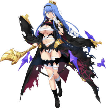 1girl axe black_hairband breasts budget_sarashi cape chest_sarashi choukou_(alicesoft) choukou_shinki_ixseal choukou_taisen_escalation_heroines ellis_xillia hairband heterochromia highres holding holding_axe ixseal large_breasts looking_at_viewer navel official_alternate_costume official_art onigirikun sarashi solo tachi-e torn_cape torn_clothes