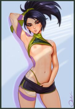 1girl absurdres akali arm_up armpits artist_name black_hair blush border breasts brown_eyes commentary cowboy_shot english_commentary highres league_of_legends long_hair looking_at_viewer medium_breasts navel nipples no_pupils ocean_(oveanman) parted_lips ponytail solo