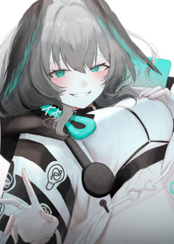 1girl :d aqua_eyes arknights blush breast_suppress breasts commentary dress fingerless_gloves gloves grey_hair grin hair_between_eyes head_wings highres ho&#039;olheyak_(arknights) long_sleeves looking_at_viewer medium_breasts medium_hair open_mouth simple_background smile solo upper_body white_background white_dress white_gloves wings yunu_nuyu
