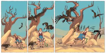 Rule 34 | 1girl, bird, blue poncho, brown pants, brown sandals, brown tank top, commentary, desert, english commentary, greekceltic, jacky (greekceltic), medium hair, orange hair, orange poncho, original, pants, poncho, ponytail, rock, sand dune, sandals, scarf, shouting, sky, tail, tank top, tree, vulture