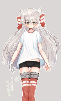 1girl alternate_costume amatsukaze_(kancolle) black_shorts cameltoe dress feet_out_of_frame grey_background grey_hair hair_tubes highres kantai_collection long_hair looking_at_viewer mf_u_c red_thighhighs sailor_dress shirt short_shorts shorts simple_background solo t-shirt thighhighs two_side_up white_shirt