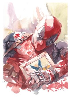 1boy belt black_gloves blood blood_on_clothes blood_on_hands bodysuit deadpool deadpool_(series) facial_hair gloves holding holding_picture_frame itoscaresme male_focus marvel mask multicolored_bodysuit muscular muscular_male painting_(medium) picture_frame red_bodysuit red_mask superhero_costume traditional_media two-tone_bodysuit utility_belt watercolor_(medium) wolverine_(x-men) x-men yellow_bodysuit