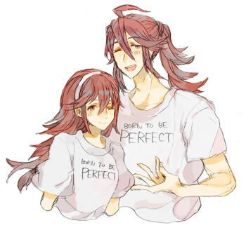 1boy 1girl caeldori_(fire_emblem) commentary_request father_and_daughter fire_emblem fire_emblem_fates long_hair looking_at_viewer nintendo one_eye_closed open_mouth red_eyes red_hair shirt shourou_kanna subaki_(fire_emblem) t-shirt upper_body white_shirt