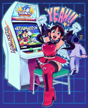 Rule 34 | 1boy, 1girl, absurdres, after battle, arcade cabinet, arms up, boots, company connection, defeat, fighting vipers, grid background, highres, honey (fighting vipers), honey the cat, kiryu kazuma, ryuu ga gotoku (series), sega, sonic (series), sonic the fighters, sonic the hedgehog, sonic the hedgehog (classic), speedoru, thigh boots, twintails, victory pose