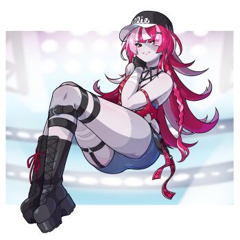 1girl absurdres baseball_cap boots colored_skin commentary english_commentary full_body grey_skin hat highres hololive hololive_indonesia kureiji_ollie lace-up_boots long_hair morningpanda multicolored_hair patchwork_skin platform_boots red_hair shorts solo virtual_youtuber yellow_eyes zombie