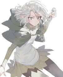 Rule 34 | 1boy, androgynous, black eyes, capelet, closed mouth, dungeon meshi, elf, hair flowing over, highres, male focus, mara universe, medium hair, mithrun, pointy ears, shirt, simple background, solo, white background, white hair, white shirt