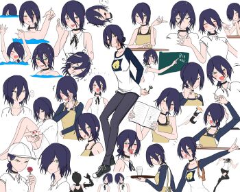 apron barefoot baseball_cap black_choker black_pants black_shoes black_sleeves blood blood_from_mouth blue_hair blush bomb bomb_devil_(chainsaw_man) breasts chainsaw_man chalk chalkboard choker closed_eyes closed_mouth collared_shirt commentary_request cosplay cup denji_(chainsaw_man) denji_(chainsaw_man)_(cosplay) disembodied_head explosive flower green_eyes grenade_pin hair_between_eyes hair_bun hair_over_one_eye hat headless highres holding holding_chalk holding_flower holding_notebook holding_plate hugging_own_legs long_sleeves medium_breasts medium_hair multiple_views no_pants notebook nude open_mouth pants parted_lips partially_submerged plate print_shirt red_flower reze_(chainsaw_man) shared_clothes shirt shoes short_sleeves sleeveless sleeveless_shirt smile sneakers tikuwabunoakuma tongue tongue_out updo wet white_background white_hair white_shirt yellow_apron