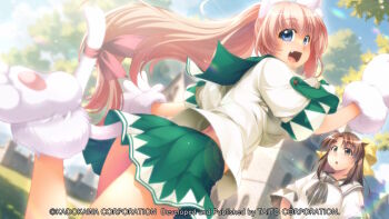 2girls :d :o animal_ear_fluff animal_ears animal_hands atelier-moo blue_eyes bow breasts brown_eyes brown_hair brown_ribbon brown_sailor_collar cat_ears cat_girl cat_paws cat_tail company_name fang from_side game_cg gloves green_sailor_collar green_skirt hair_between_eyes hair_bow high_ponytail large_breasts leg_up long_hair looking_at_viewer looking_back medium_breasts melody_sinclair miniskirt multiple_girls non-web_source official_art open_hand open_mouth parted_bangs paw_gloves paw_shoes pink_hair pleated_skirt ponytail ribbon sailor_collar school_uniform serafuku short_sleeves sidelocks skirt smile spread_fingers standing tail tail_ornament tail_ribbon tareme thighs tooth town trisha_foster white_gloves yellow_bow yuukyuu_gensoukyoku yuukyuu_gensoukyoku_revival