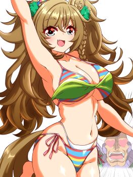1boy 1girl animal_ears arm_up armpits bikini blast_onepiece_(umamusume) blush braid breasts brown_hair emphasis_lines fluffy_hair groin heart heart-shaped_pupils highres horounendo horse_ears horse_girl horse_tail large_breasts leg_up long_hair looking_at_viewer mega_man_(series) mega_man_x4 mega_man_x_(series) navel open_mouth side_braid sigma_(mega_man) swimsuit symbol-shaped_pupils tail twintails umamusume white_background