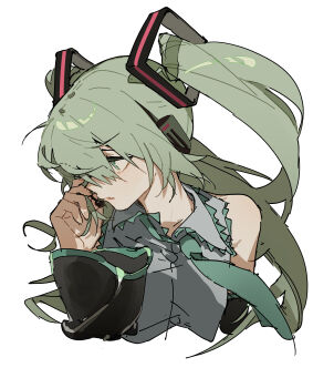 1girl absurdres aqua_eyes aqua_hair aqua_necktie black_sleeves chinese_commentary collared_shirt commentary_request cropped_torso detached_sleeves frilled_shirt frills grey_shirt hair_between_eyes hatsune_miku headset highres long_hair looking_to_the_side necktie portrait shirt simple_background sleeveless sleeveless_shirt solo twintails upper_body vocaloid white_background zhibuji_loom