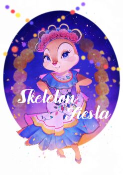 Rule 34 | 1girl, absurdres, blue dress, blue eyes, chipmunk ears, chipmunk girl, clarice (disney), disney, disneyland, dress, english text, eyelashes, flower, full body, hair flower, hair ornament, highres, looking at viewer, mexican clothes, mexican dress, mickey mouse &amp; friends, open mouth, red flower, red rose, rl10 02, rose, smile, solo