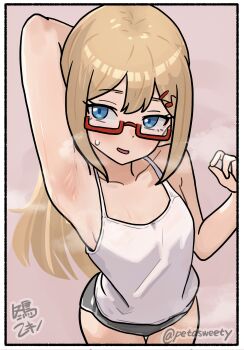 1girl arm_behind_head armpit_focus armpits artist_name bare_shoulders blonde_hair blue_eyes blush border breasts breath camisole collarbone commentary_request cowboy_shot from_above fuyudori_yukino glasses grey_shorts hair_between_eyes hair_ornament hairclip hand_up highres long_hair open_mouth original pink_background red-framed_eyewear semi-rimless_eyewear short_shorts shorts simple_background small_breasts solo sweat under-rim_eyewear white_camisole