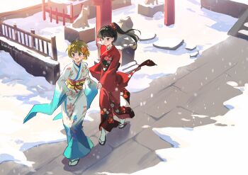 2girls :d amagi_yukiko artist_name black_hair black_sash blonde_hair blue_kimono blunt_bangs blush brown_sandals closed_mouth commentary_request dated fence floral_print floral_print_kimono flower_hairtie fox_statue full_body highres holding_hands japanese_clothes kimono long_hair long_sleeves looking_ahead multiple_girls open_mouth outdoors persona persona_4 ponytail print_kimono qianyewuli red_kimono sandals sash satonaka_chie shrine smile snow snowing socks two-tone_kimono walking white_kimono white_socks wide_sleeves wooden_fence yellow_eyes yellow_sash yuri