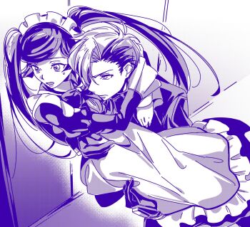 1boy 1girl apron ash_phoenix carrying code_geass code_geass:_dakkan_no_roze dress highres maid_apron maid_headdress princess_carry sumeragi_sakuya twintails