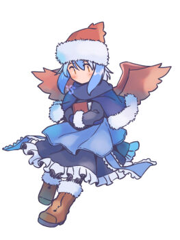 Rule 34 | 1girl, alternate costume, black coat, black scarf, black skirt, blue hair, blue mittens, blue ribbon, blue skirt, blush, book, boots, brown boots, brown eyes, coat, commentary request, frilled skirt, frills, fur-trimmed boots, fur-trimmed headwear, fur-trimmed scarf, fur trim, hat, holding, holding book, long sleeves, medium hair, mittens, rangycrow, red hat, red wings, ribbon, scarf, simple background, skirt, solo, tokiko (touhou), touhou, white background, wings, winter clothes