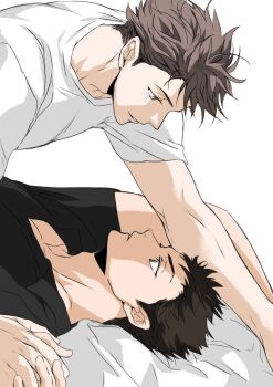 2boys black_hair black_shirt brown_hair commentary_request eye_contact haikyuu!! highres holding_hands iwaizumi_hajime looking_at_another lying male_focus multiple_boys oikawa_tooru_(haikyuu!!) on_back parted_lips sacnosub shirt short_sideburns sideburns smile upper_body white_background white_shirt yaoi