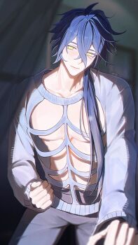 Rule 34 | 1boy, abs, absurdres, ahoge, commentary, crossed bangs, english commentary, flins (genshin impact), genshin impact, highres, long sleeves, looking at viewer, male focus, moonya, nipples, ponytail, smile, solo, solo focus, watermark, yellow eyes