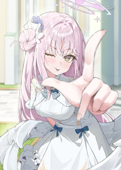 1girl :p blue_archive blue_bow blue_flower blurry blurry_background blush bow breasts capelet closed_mouth commentary_request cowboy_shot dress fingernails flower frilled_dress frills hair_bun hair_flower hair_ornament halo highres krux_(k_krux) large_breasts leaning_forward long_fingernails long_hair looking_at_viewer low_wings mika_(blue_archive) one_eye_closed pink_hair pink_halo sidelocks solo tongue tongue_out white_capelet white_dress white_wings wings yellow_eyes