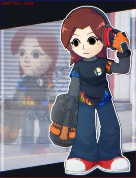 Rule 34 | 1girl, :|, arm at side, arm cannon, arm up, baggy pants, bags under eyes, black eyes, black shirt, blue pants, brown hair, bush, chibi, closed mouth, denim, ear protection, empty eyes, expressionless, eyelashes, flame print, full body, gloves, hair ornament, hand on headphones, hand up, hashtag-only commentary, headphones, jeans, layered sleeves, long hair, long sleeves, medium hair, mii (nintendo), mii gunner, mii gunner (smash 4), nintendo, orange gloves, pants, parted bangs, photo-referenced, photo inset, print shirt, shirt, shoes, short over long sleeves, short sleeves, sneakers, solo, standing, t-shirt, weapon, zoom layer, zorrpu